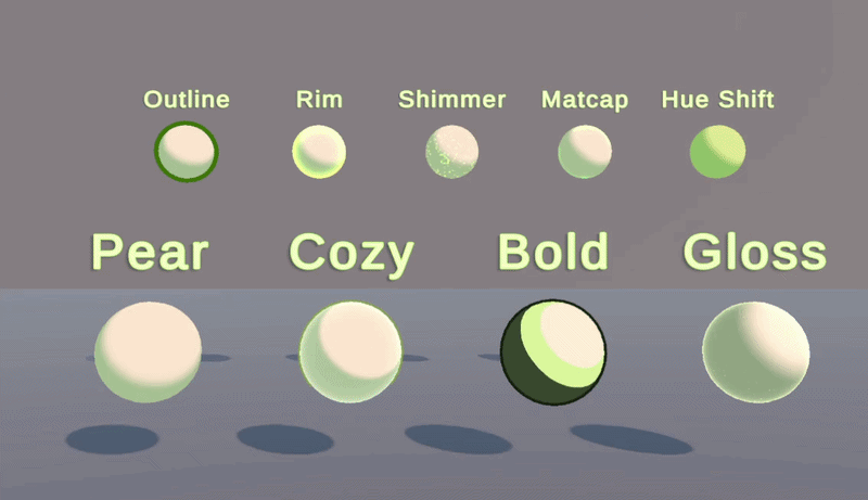 Pear Shader demo scene showing feature examples and quick-look presets